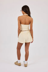 Peach Soft Touch Halterneck Top & Button Front Short - Butter Yellow