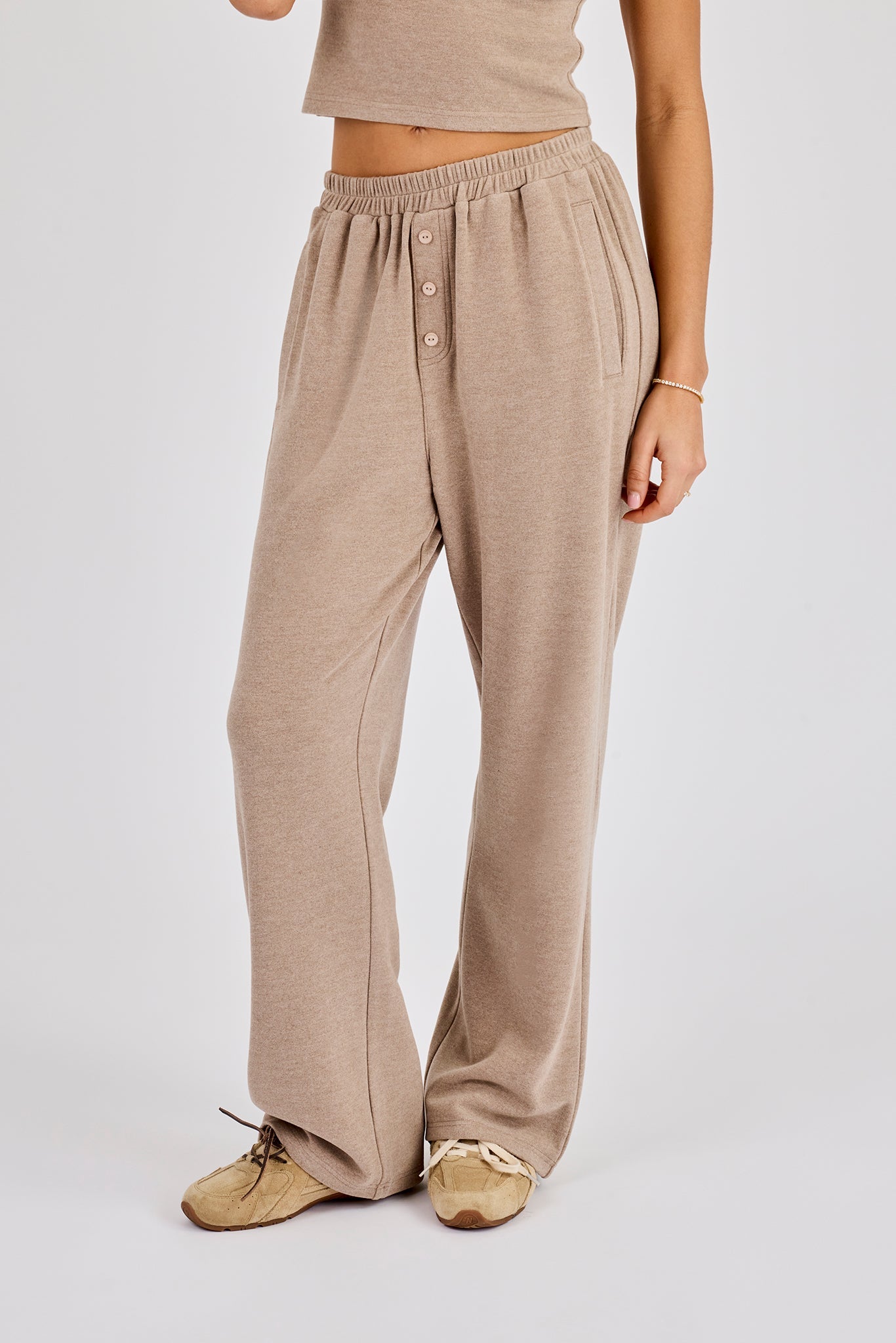 Peached Soft Touch Button Detail Trouser - Taupe