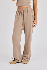 Peached Soft Touch Button Detail Trouser - Taupe