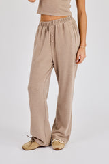 Peached Soft Touch Button Detail Trouser - Taupe