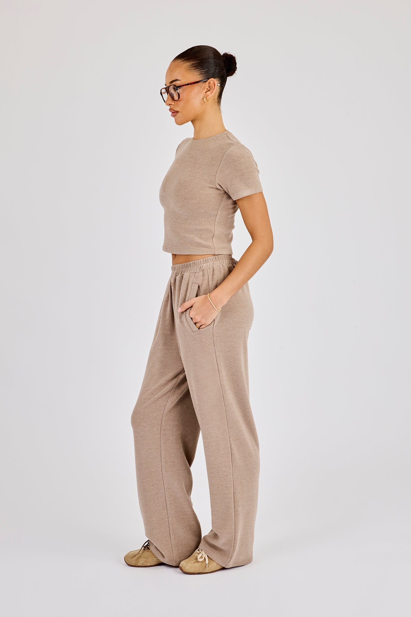 Peached Soft Touch Short Sleeve Top & Trouser - Taupe