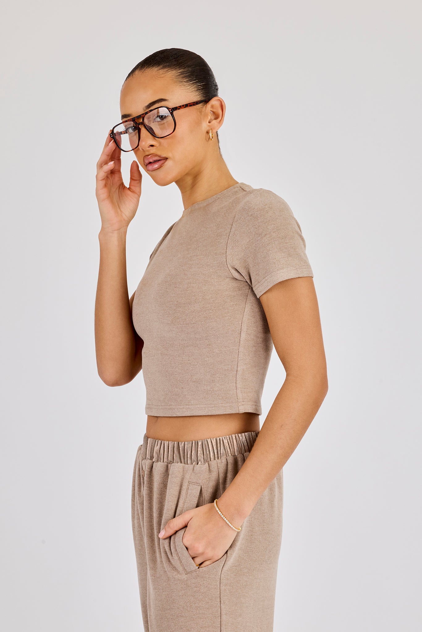 Peached Soft Touch Short Sleeve Top & Trouser - Taupe