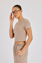Peached Soft Touch Short Sleeve Top & Trouser - Taupe