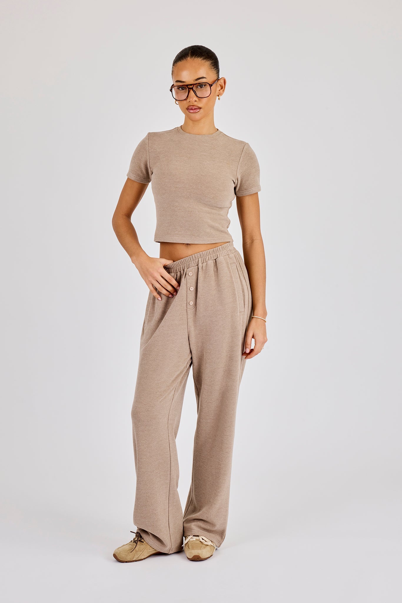 Peached Soft Touch Short Sleeve Top & Trouser - Taupe