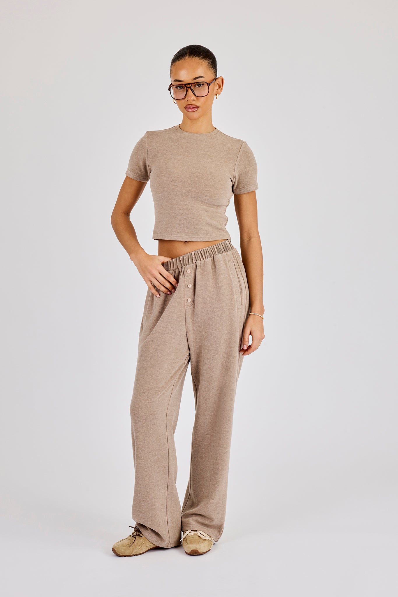 Peached Soft Touch Button Detail Trouser - Taupe