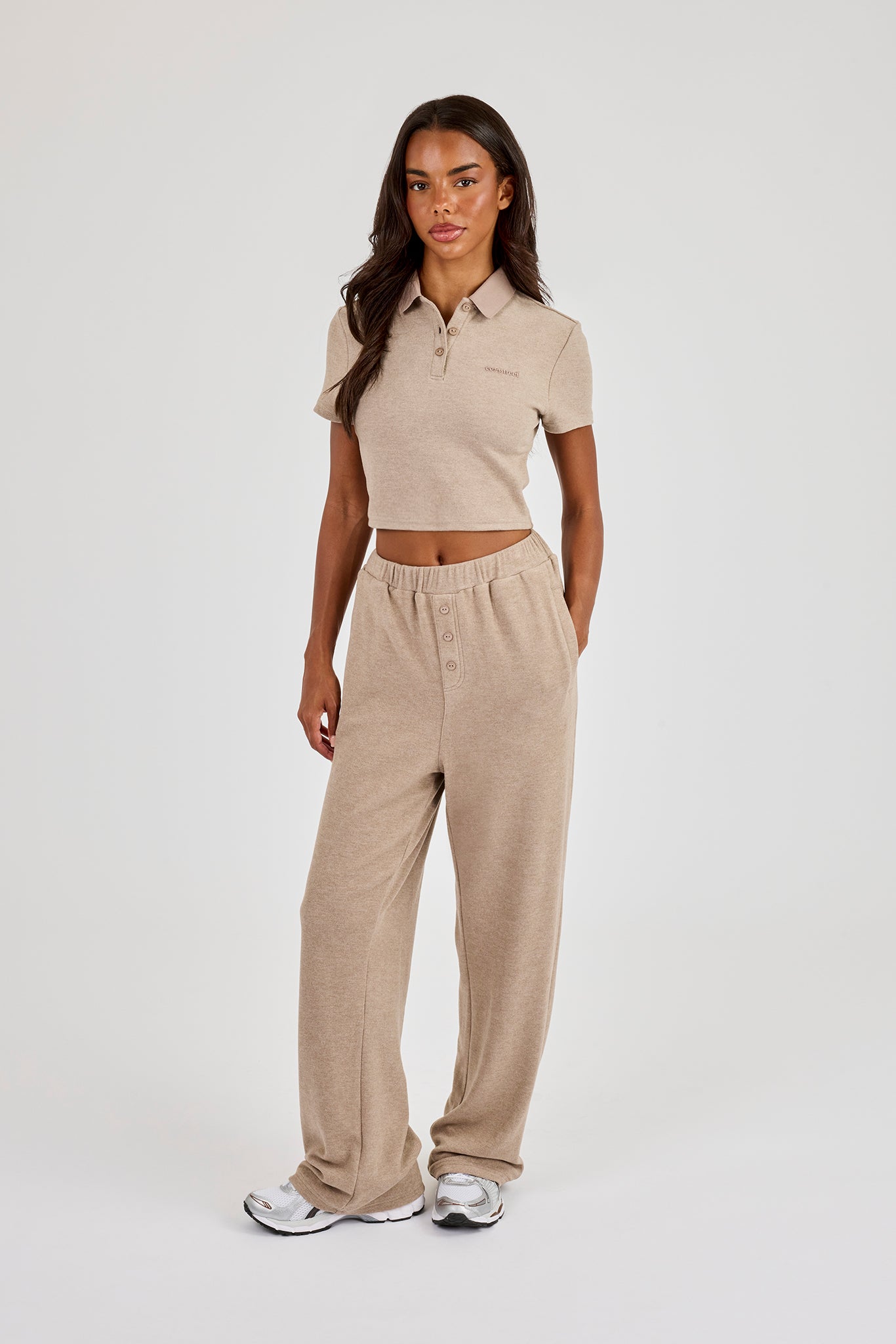 Soft Touch Fitted Polo Top & Trouser - Taupe