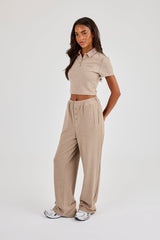Soft Touch Fitted Polo Top & Trouser - Taupe