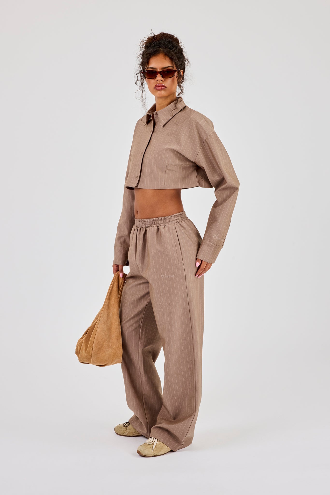 Striped Super Crop Shirt & Wide Leg Trouser - Taupe