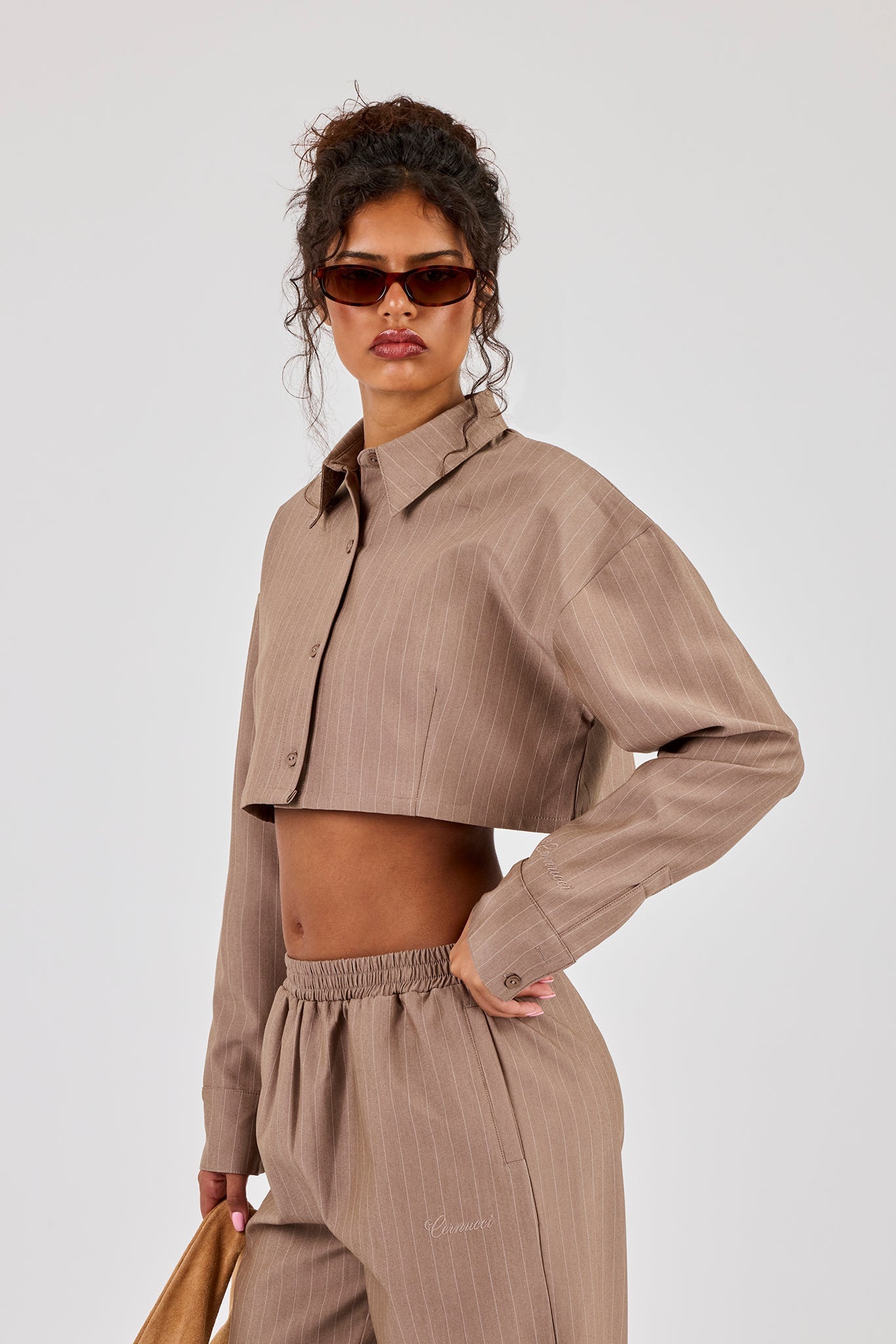 Striped Super Crop Shirt - Taupe