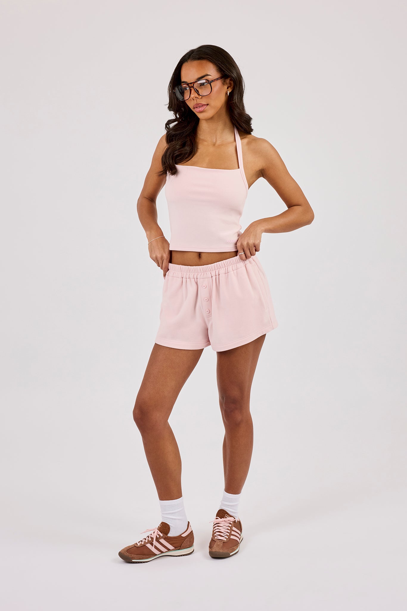 Peach Soft Touch Halterneck Top & Button Front Short - Baby Pink