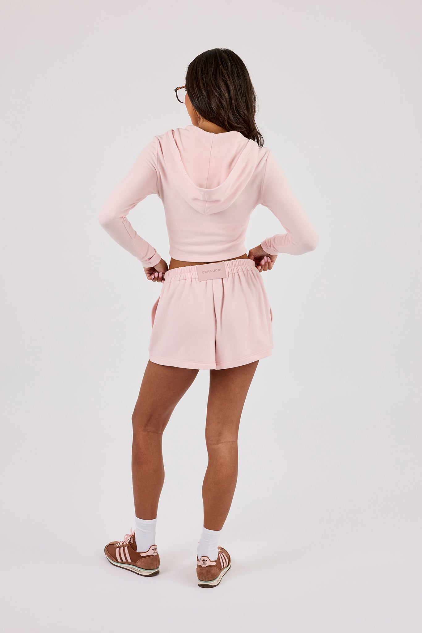 Peached Soft Touch Fitted Zip Through Hoodie & Button Front Short - Baby Pink