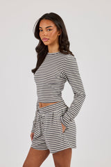 Stripe Soft Touch Long Sleeve Top & Button Front Short - Grey
