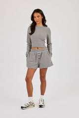 Stripe Soft Touch Long Sleeve Top & Button Front Short - Grey