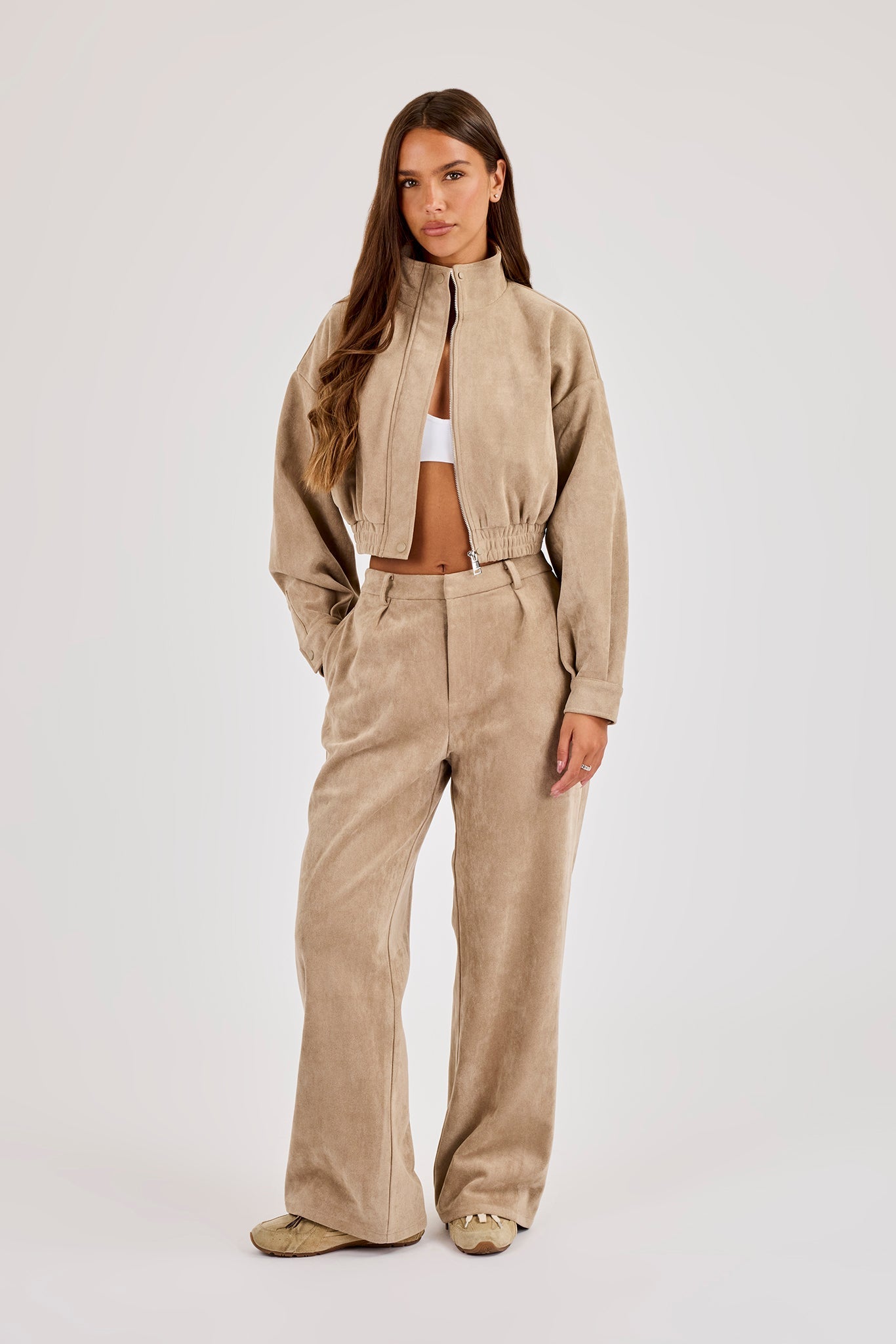 Wide Leg Suede Trouser - Beige