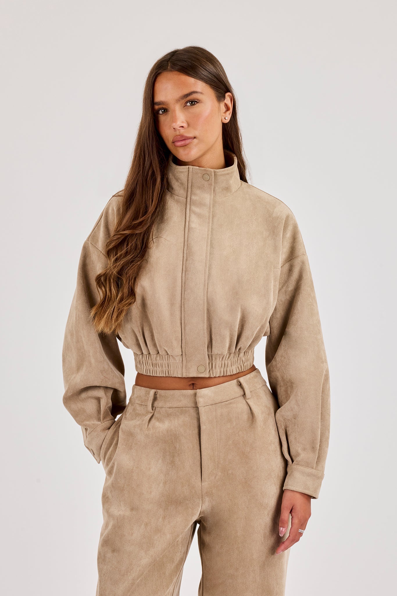 Suede Cropped Funnel Neck Jacket - Beige