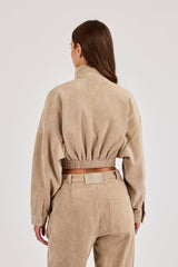 Suede Cropped Funnel Neck Jacket - Beige