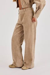 Wide Leg Suede Trouser - Beige