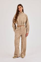 Suede Cropped Funnel Neck Jacket & Wide Leg Jogger - Beige