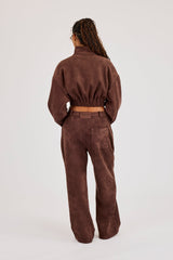 Suede Cropped Funnel Neck Jacket & Wide Leg Trouser - Chocolate