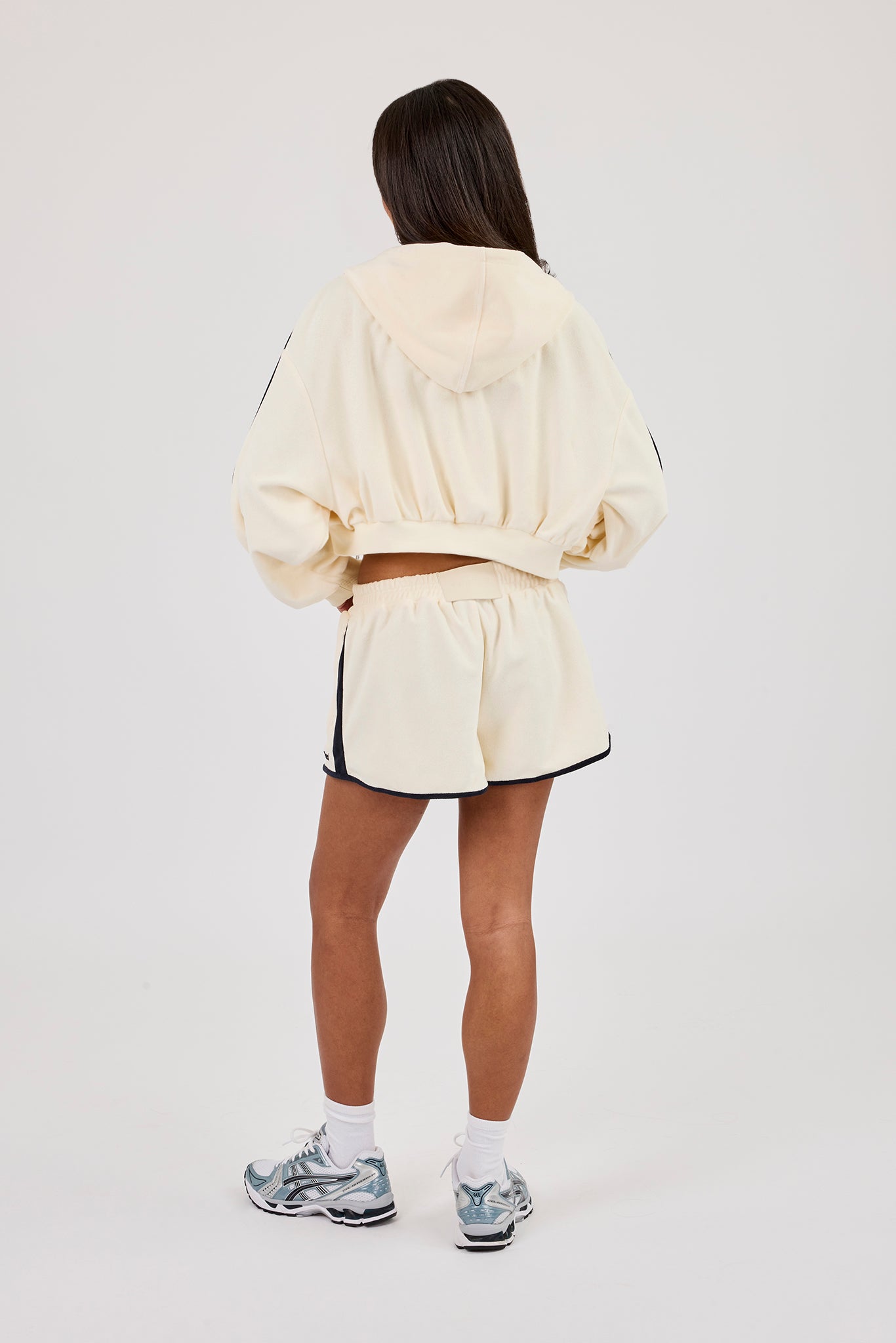 Halterneck Binding Top, Towelling Super Crop Zip Hoodie & Runner Short - Off White