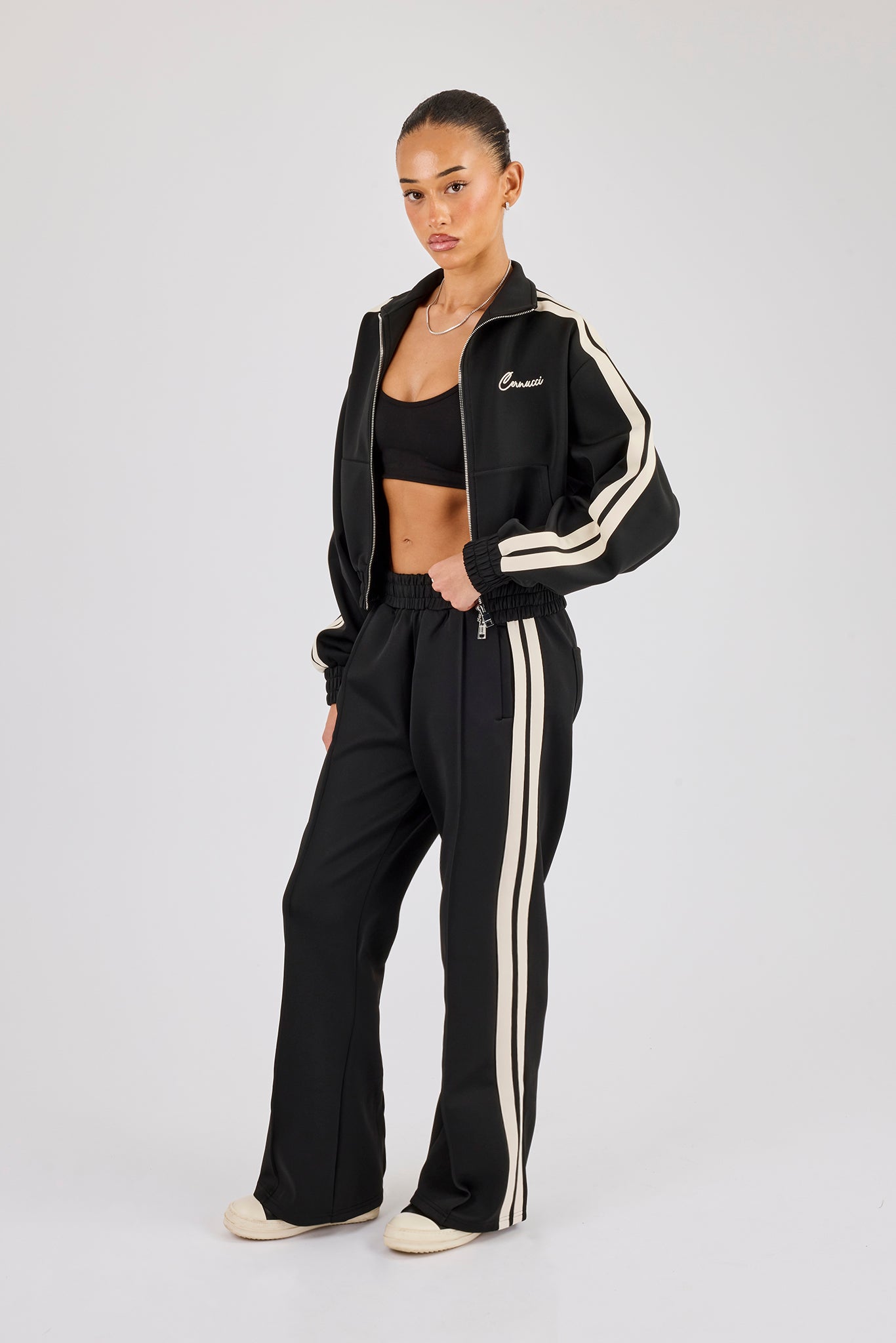 Taping Cropped Funnel Neck Tracksuit - Black