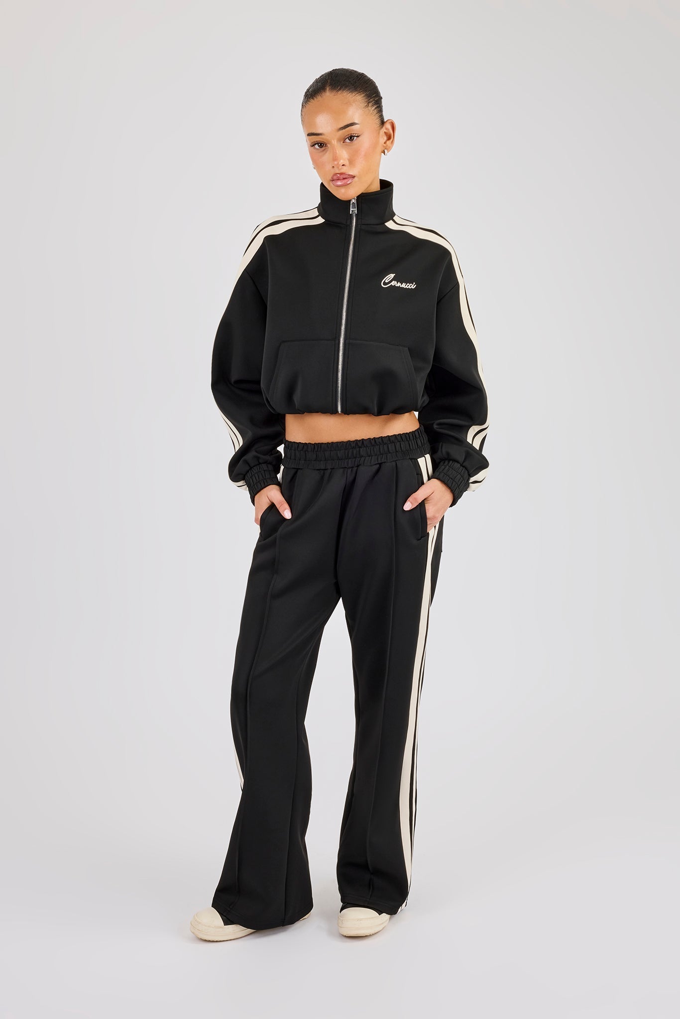 Taping Cropped Funnel Neck Tracksuit - Black
