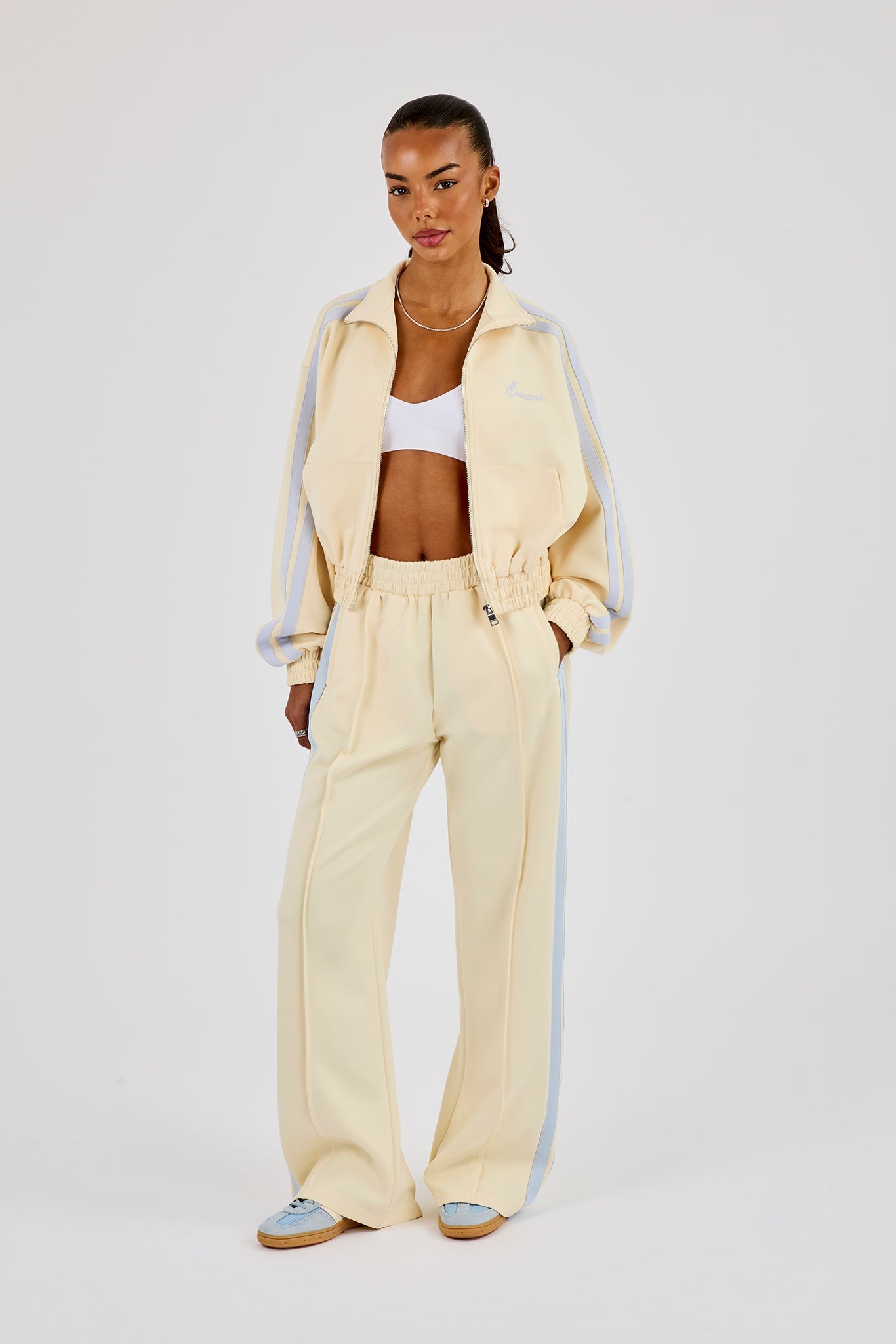 Taping Cropped Funnel Neck Jacket & Wide Leg Track Pant - Butter Yellow