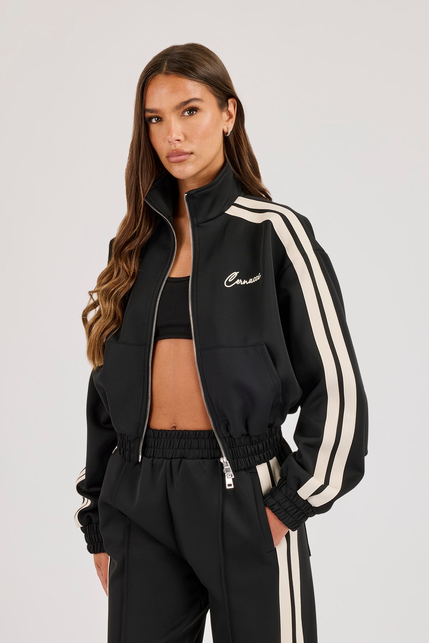 Taping Cropped Funnel Neck Jacket - Black