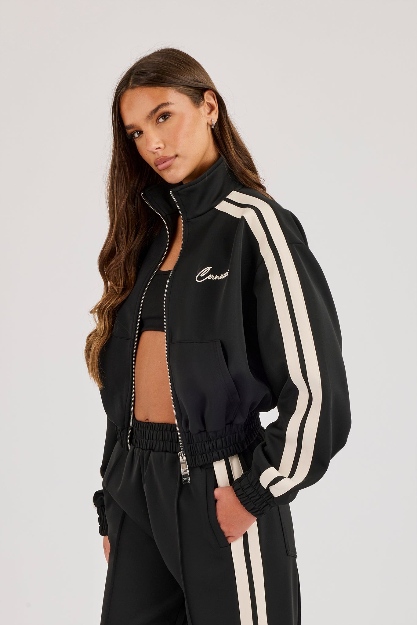 Taping Cropped Funnel Neck Jacket - Black