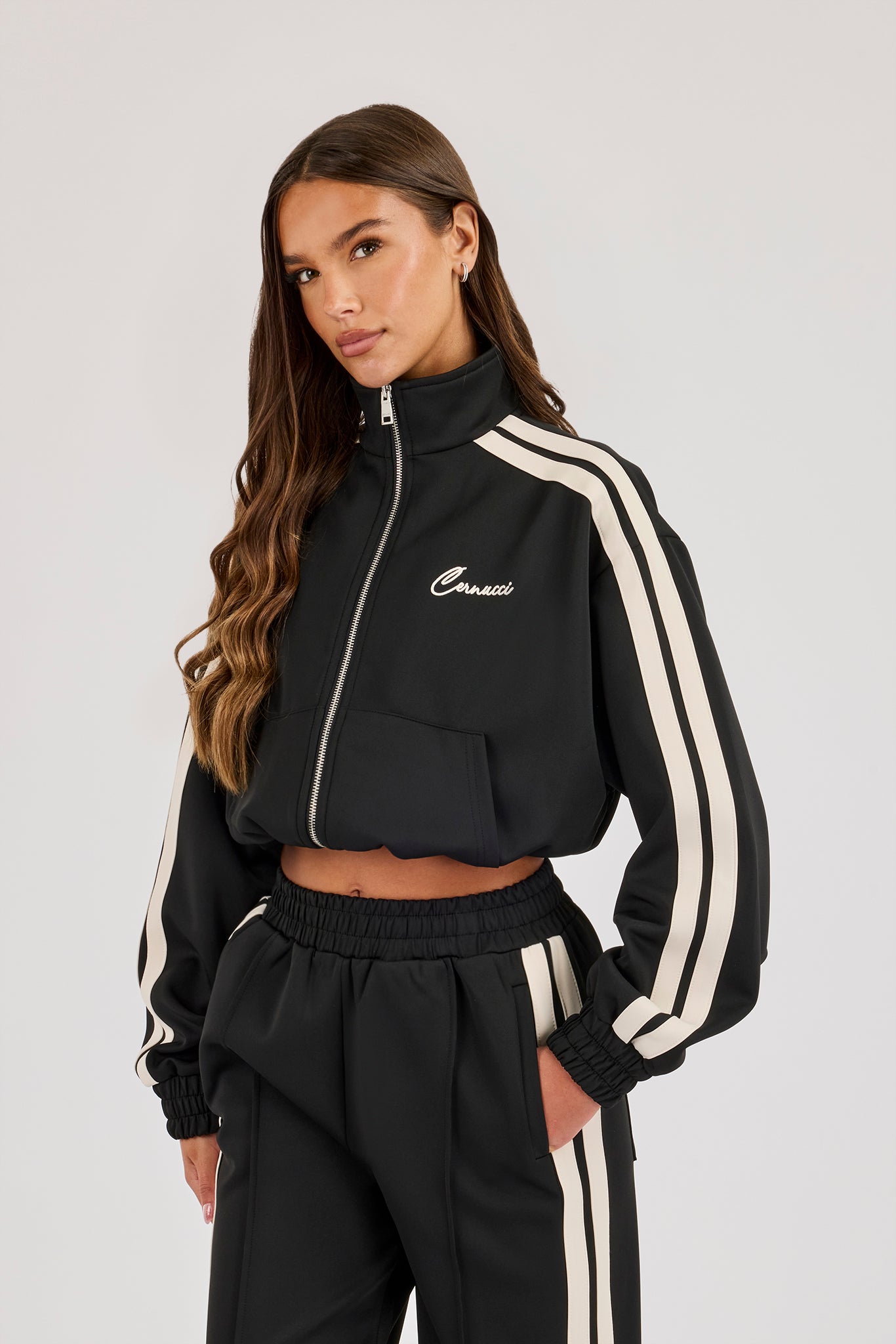 Taping Cropped Funnel Neck Jacket - Black