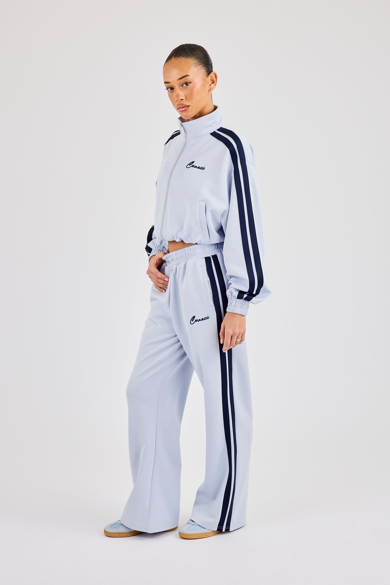 Taping Cropped Funnel Neck Jacket & Wide Leg Track Pant - Light Blue