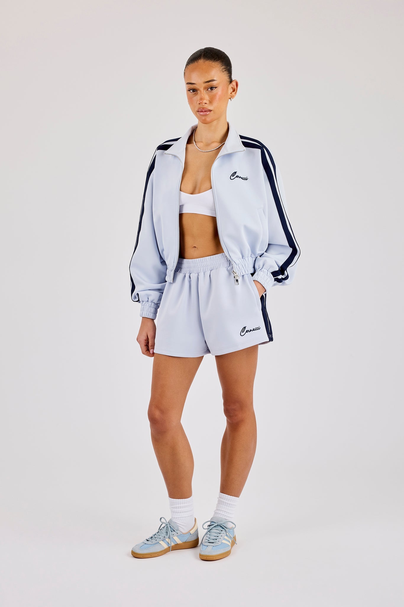 Taping Cropped Funnel Neck Zip Through & Short– Light Blue