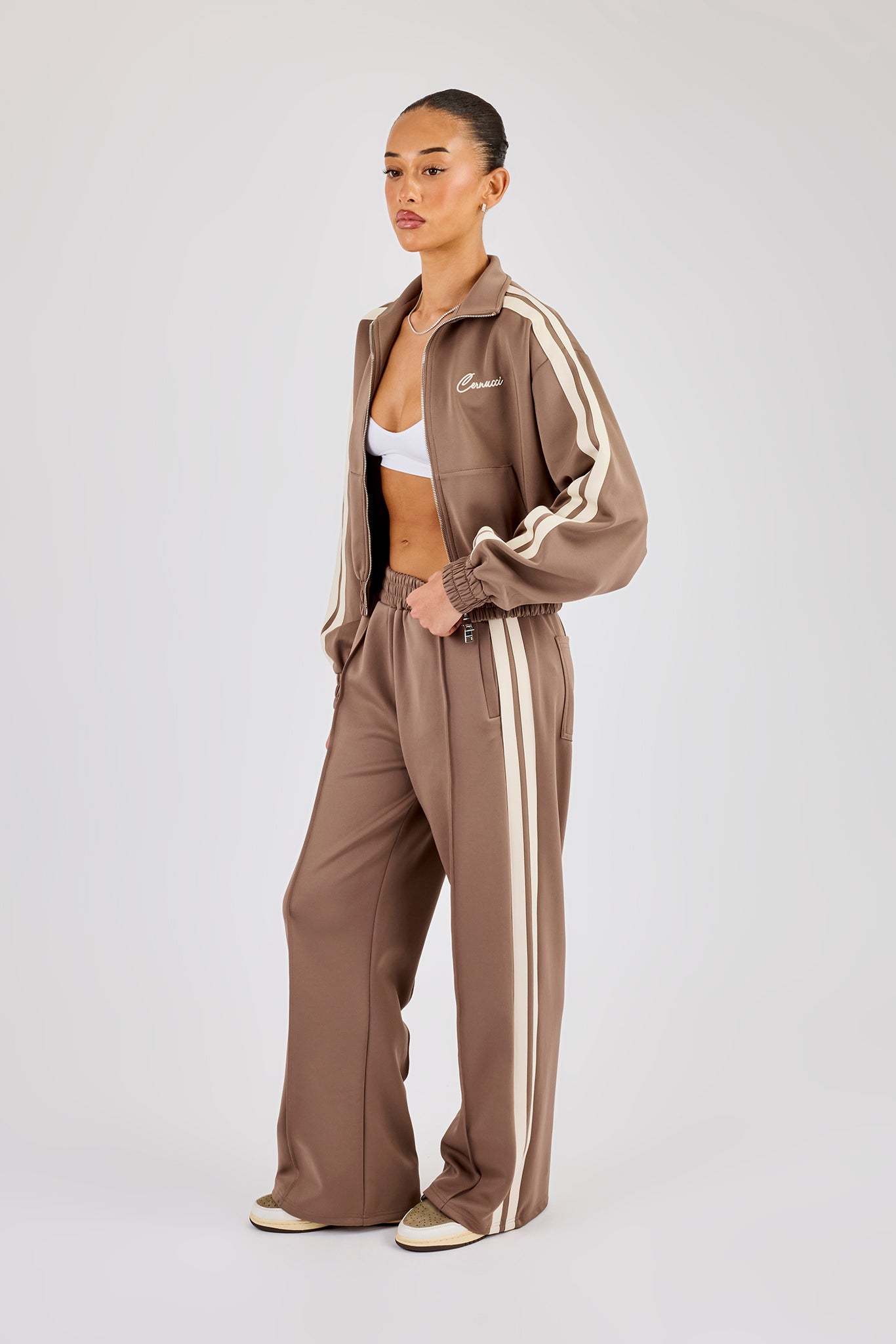 Taping Cropped Funnel Neck Tracksuit - Taupe