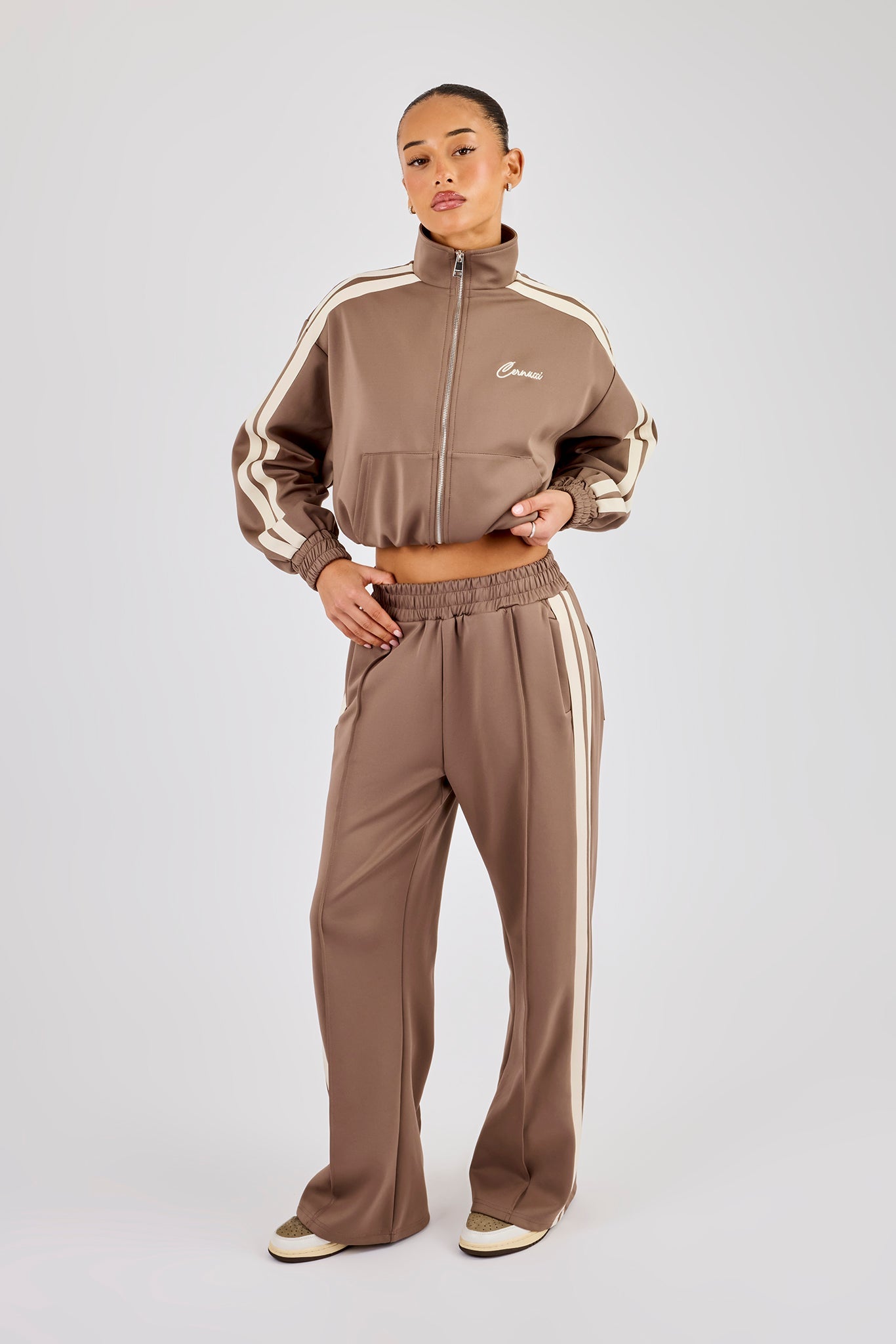 Taping Cropped Funnel Neck Tracksuit - Taupe | Womens Sets | Shop