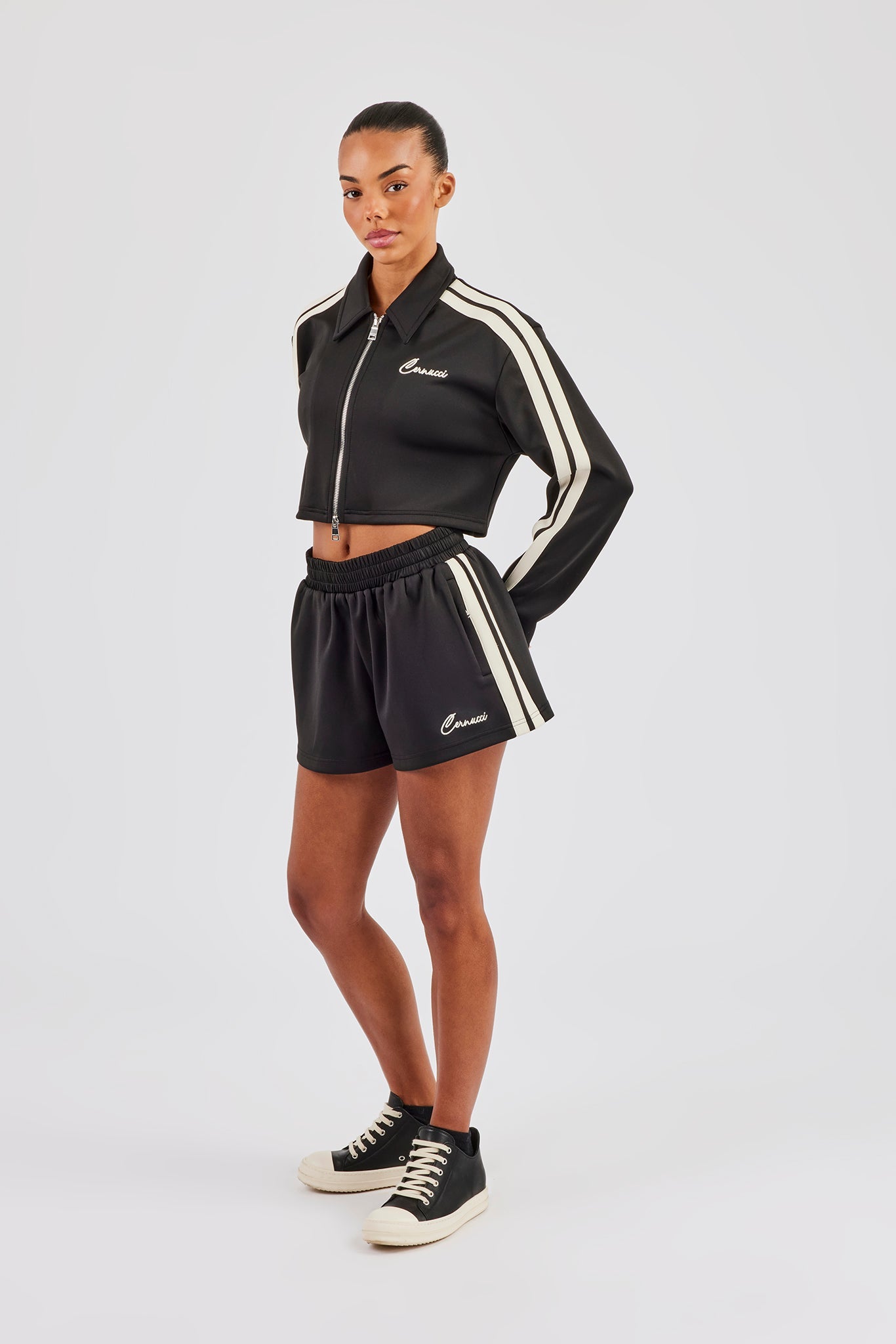 CLANE STRAP DESIGN SHORT JACKET ブラック Taping Cropped Harrington Jacket & Taping Short - Black | Womens