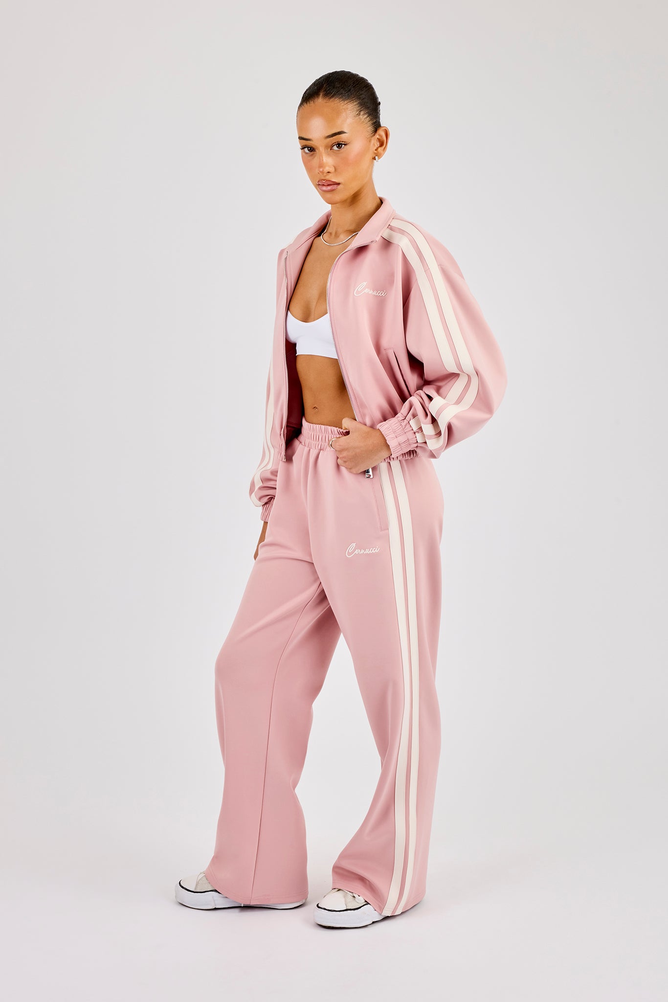 SUGAR ＣＡＮＥ ピンク ジップアップ ジャケット Taping Cropped Funnel Neck Jacket & Wide Leg Track Pant Â– Dusty