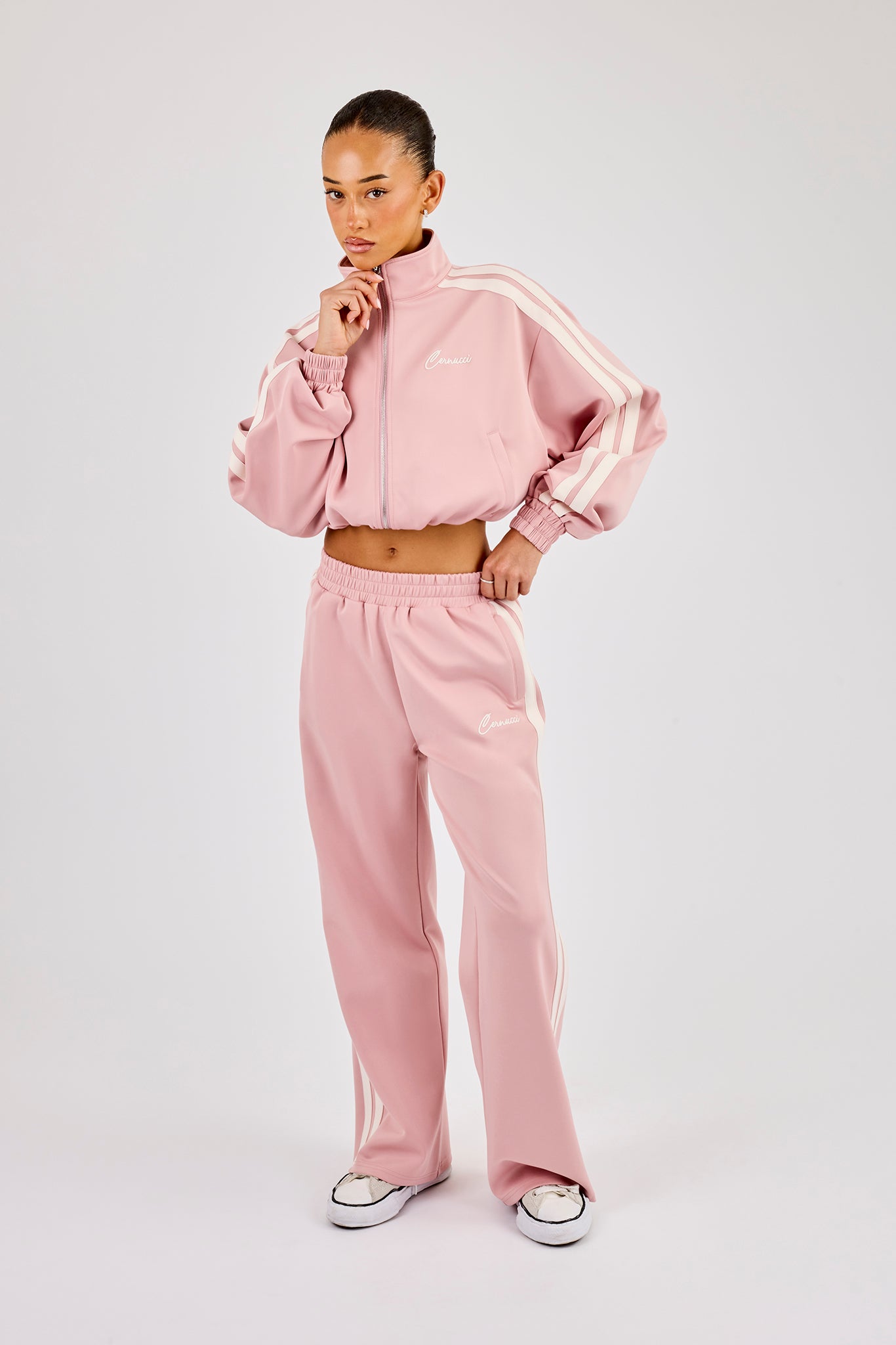 Taping Cropped Funnel Neck Jacket & Wide Leg Track Pant Â– Dusty