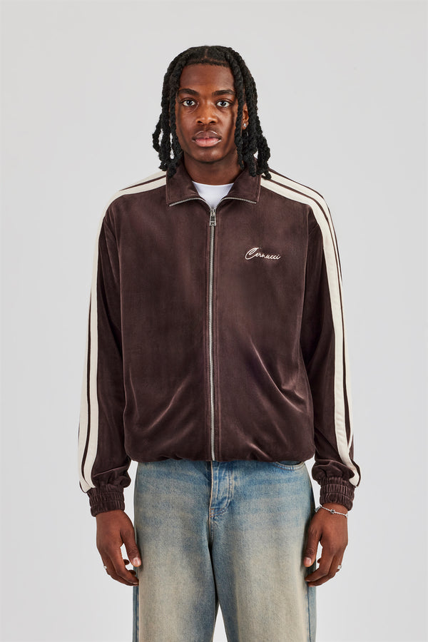 Zip Through Taping Velour Track Jacket - Chocolate