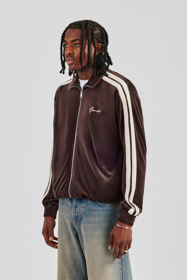 Zip Through Taping Velour Track Jacket - Chocolate