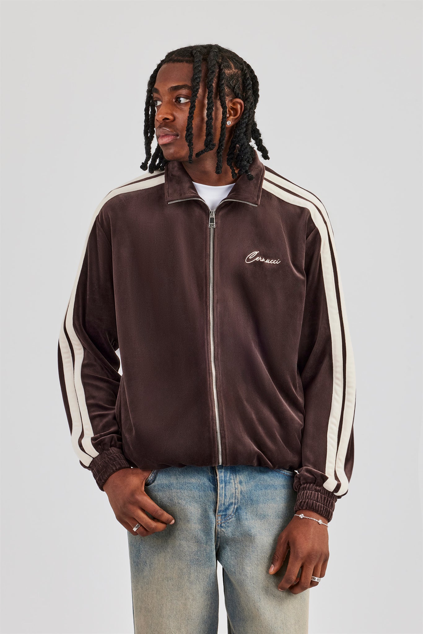 Zip Through Taping Velour Track Jacket - Chocolate