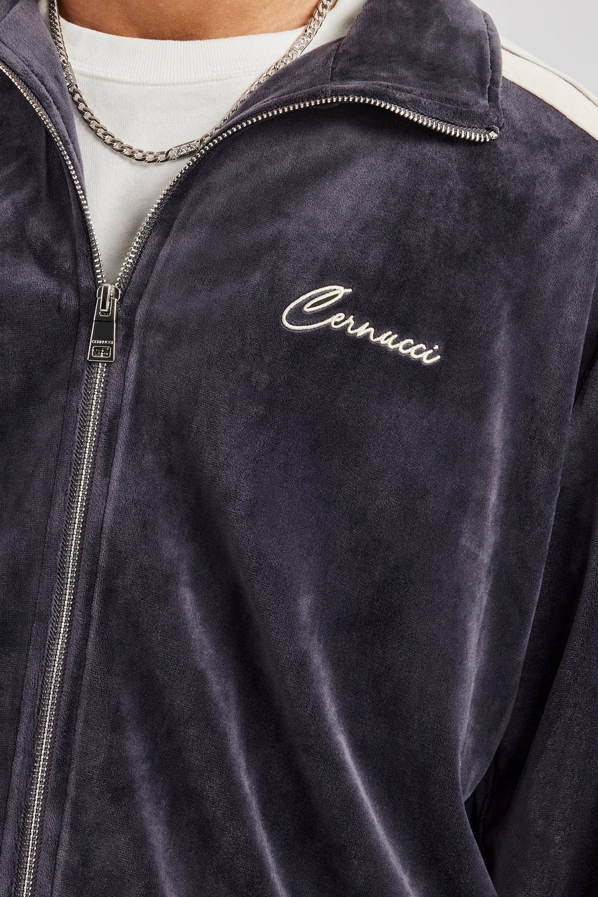 Zip Through Taping Velour Track Jacket - Charcoal | Mens Outerwear 