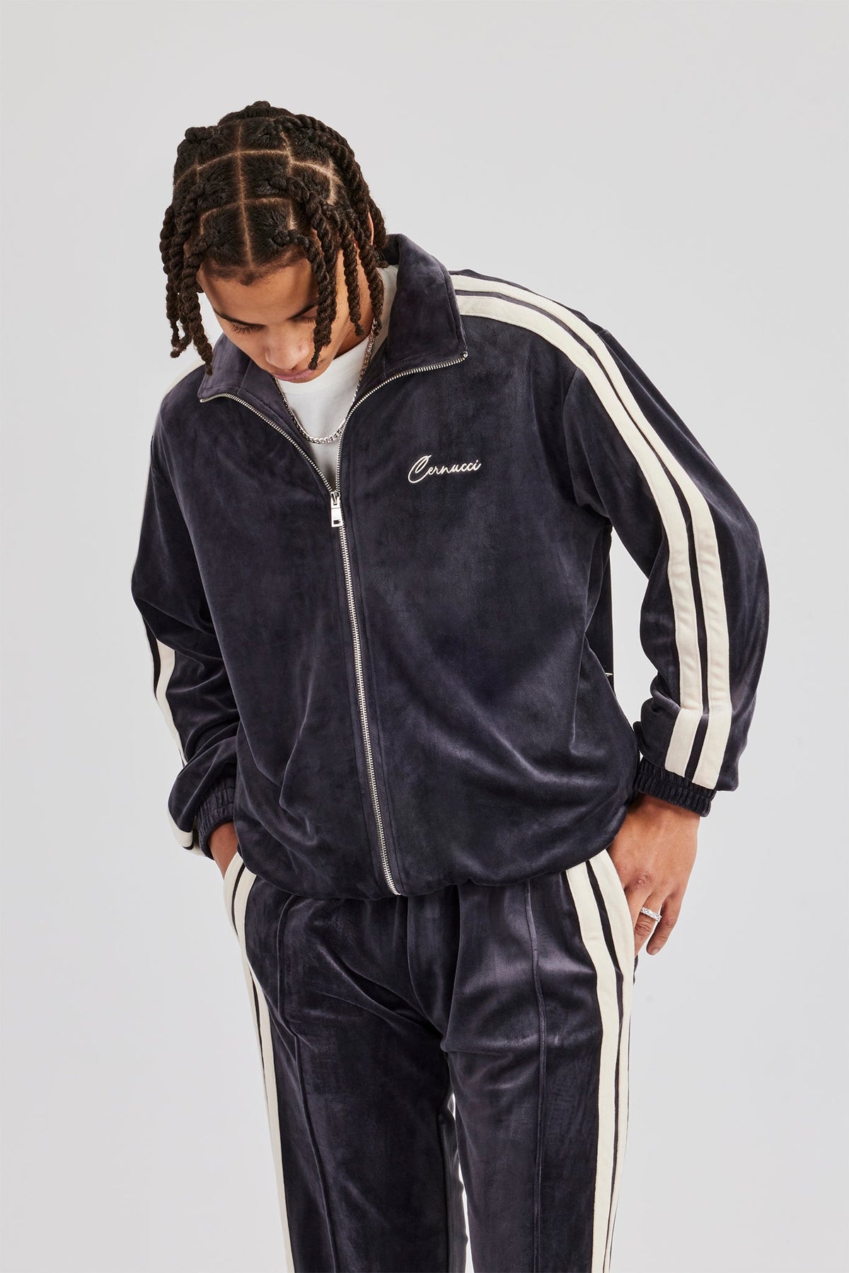 Zip Through Taping Velour Track Jacket - Charcoal | Mens Outerwear 