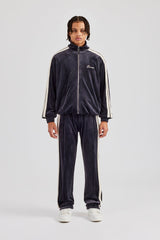 Zip Through Taping Velour Tracksuit - Charcoal