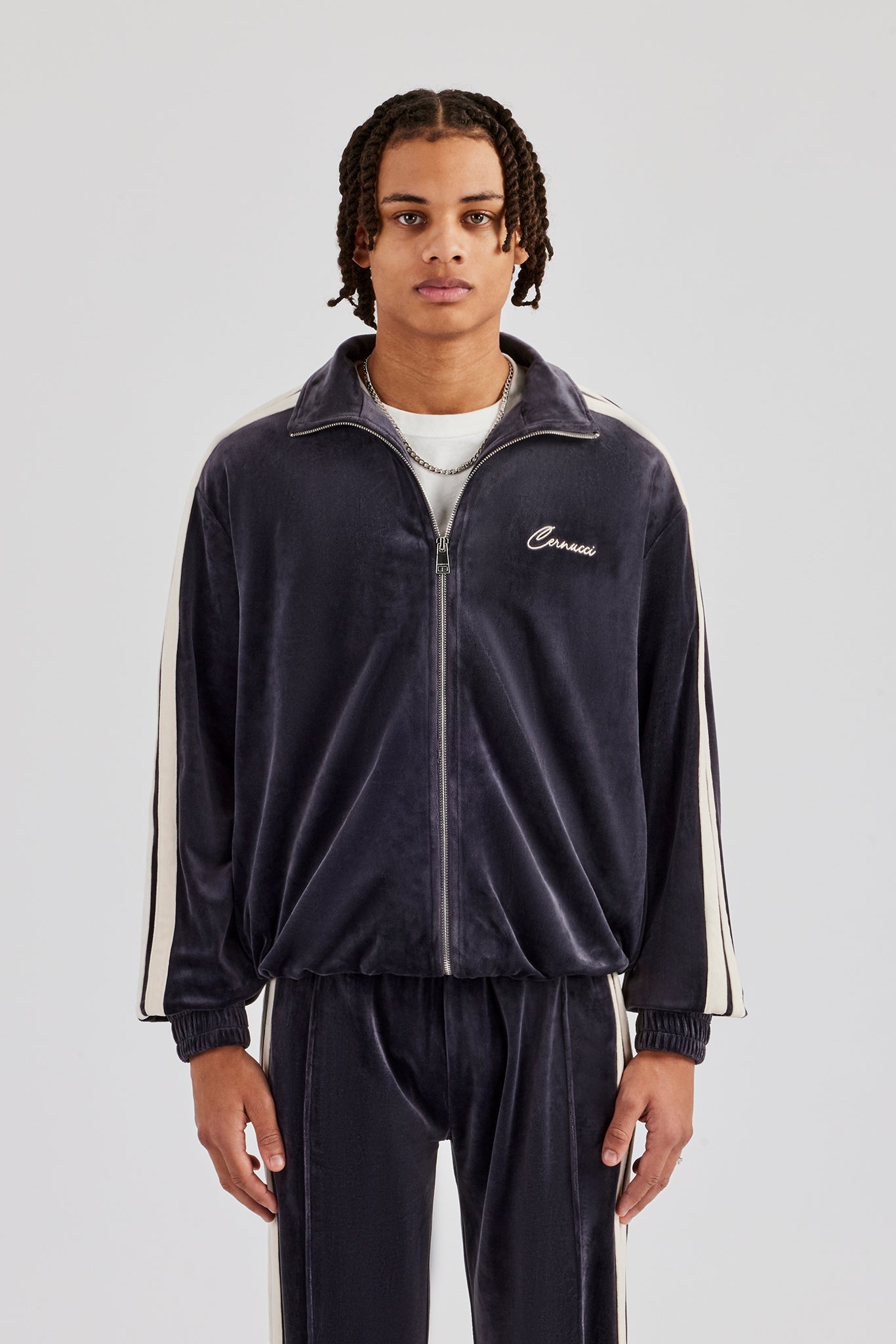 Zip Through Taping Velour Track Jacket - Charcoal | Mens Outerwear