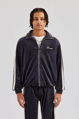 Zip Through Taping Velour Track Jacket - Charcoal