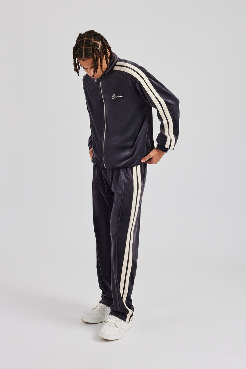 Zip Through Taping Velour Tracksuit - Charcoal