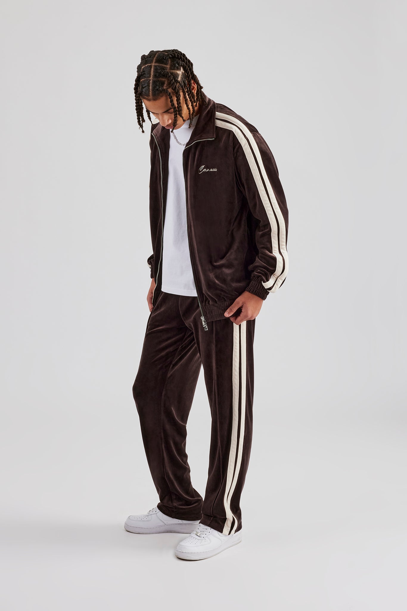 Taping Straight Leg Velour Track Pant - Chocolate | Mens Joggers