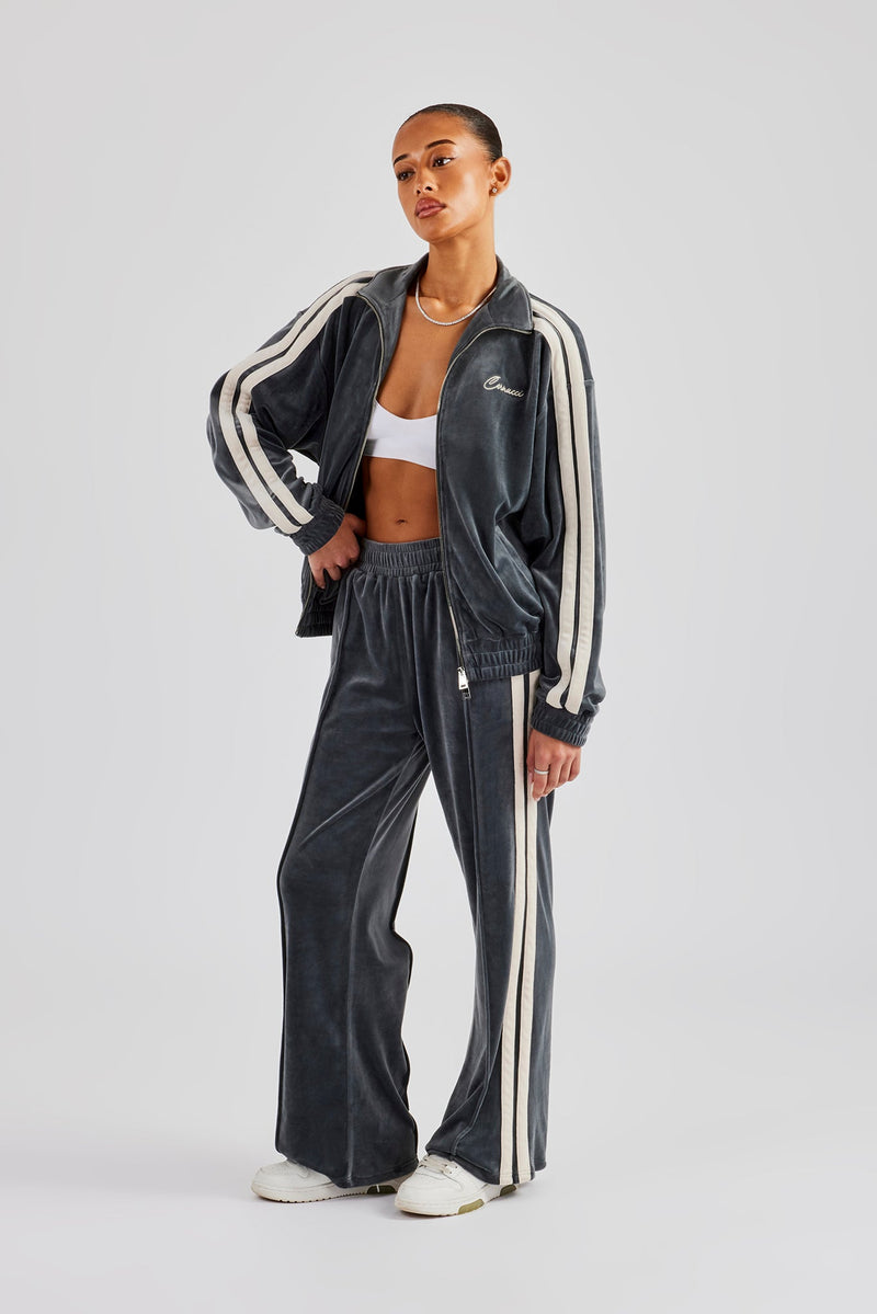 Funnel Neck Taping Zip Through Velour Tracksuit - Grey