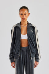 Funnel Neck Taping Zip Through Velour Track Jacket - Grey