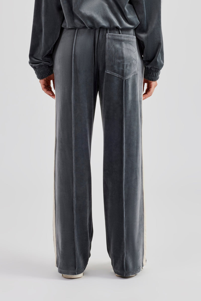 Taping Wide Leg Velour Track Pant - Grey